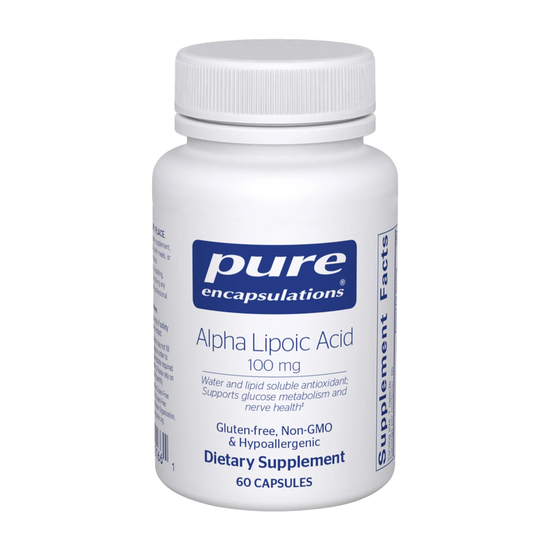 A Supplement container with the name Alpha Lipoic acid 100mg  by Pure Encapsulations.