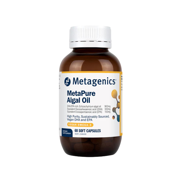 A supplement bottle with the name MetaPure Algal Oil by Metagenics.