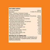 Text listing the ingredients including Quercetin Dihydrate, Bromelains, NRA2, Terminalia chebula, Terminalia myrobalan, Phyllanthus emblica, Terminalia bellirica, Emblic, Myrobalan, Albizia lebbeck, Albizia, Piper Longum, Long Pepper, Zingiber officinale, Ginger, Piper nigrum, black pepper