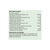 Ingredients: Taraxacum officinale (Dandelion), Filipendula ulmaria (meadowsweet), Gentiana lutea (Gentian), Melissa officinalis (Lemon balm), Cinnamomum verum (cinnamon), Zingiber officinale (Ginger)