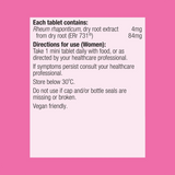 Estrovera Ingredients: Rheum rhaponticum, dry root extract from dry root (ERr 731) 4mg from dry root 84mg. Tajke 1 mini tablet daily with food.