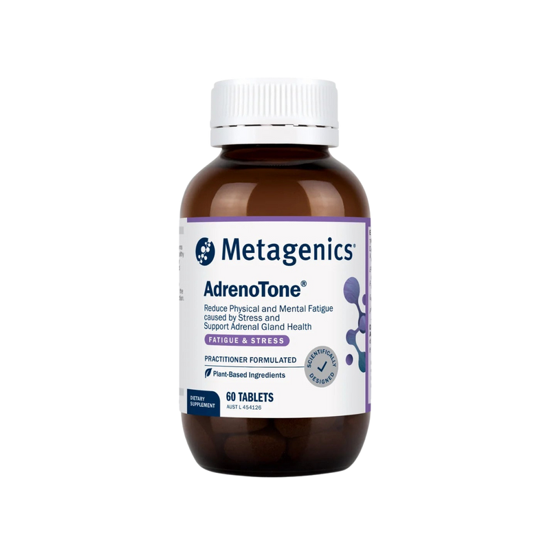 A supplement bottle with the name AdrenoTone by Metagenics.