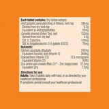 Ingredients including Andrographis paniculata, King of bitters, Andrographolides, Camellia sinensis, green tea, EgCG, Calcium ascorbate dihydrate, Ascorbic acid, Vitamin C, Colecalciferol, Vitamin d3, Zinc amino acid chelate, Meta zn, Zinc Bisglycinate.