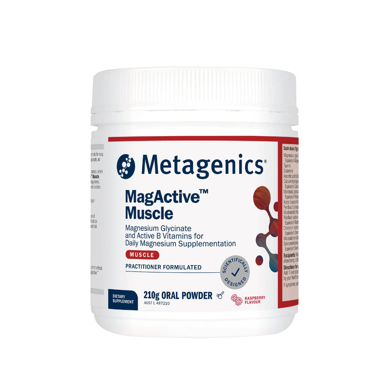 A Supplement container with the name MagActive Muscle (210g Raspberry flavour) by Metagenics.