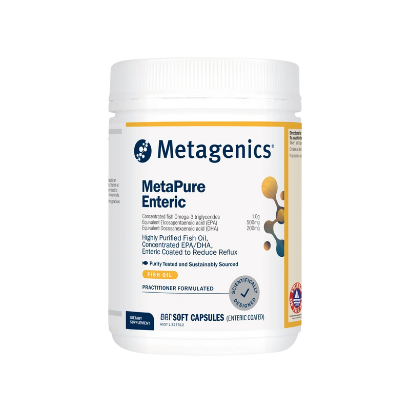 A supplement bottle with the name MetaPure Enteric by Metagenics.
