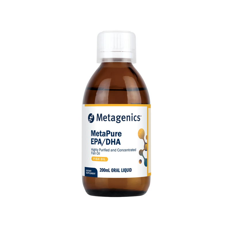 A supplement bottle called MetaPure EPA/DHA by Metagenics.