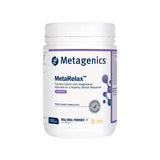 A Supplement container with the name MetaRelax  Tropical 482g (formerly CalmX) by Metagenics.