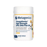 A Supplement container with the name OmegaGenics High Strength EPA/DHA Fish oil 120 Soft Caps by Metagenics.