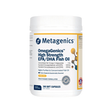 A Supplement container with the name OmegaGenics High Strength EPA/DHA Fish oil 240 Soft Caps by Metagenics.