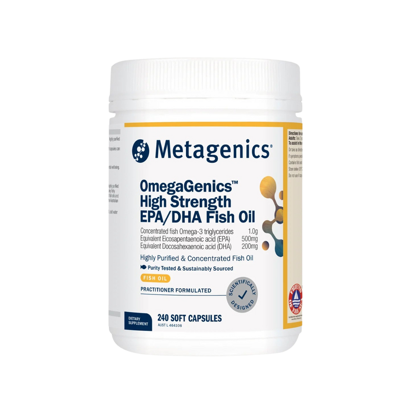 A Supplement container with the name OmegaGenics High Strength EPA/DHA Fish oil 240 Soft Caps by Metagenics.