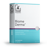 Blue and white box of probiotics called Activated Probiotics Biome Derma