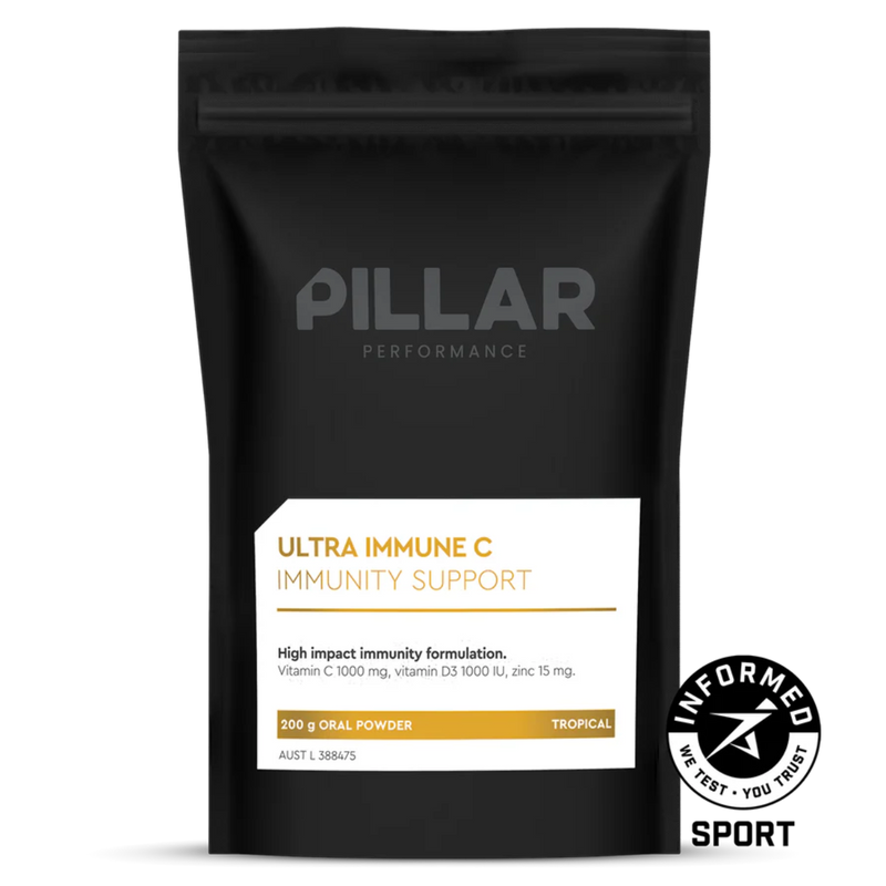 A Supplement container with the name Ultra Immune C - Tropical (Pouch) by Pillar Performance.
