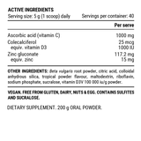 Text describing the ingredients: Ascorbic Acid (Vitamin C) Colecalciferol equiv. Vitamin D3,
Zinc gluconate equiv. Zin.