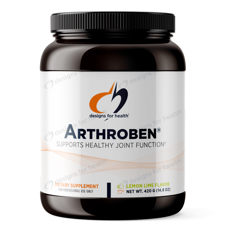 A supplement container which says designs for health arthroben supports healthy joint function dietary supplement for professional use only lemon lime flavour