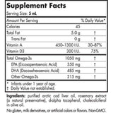 Ingredients: Vitamin A, Vitamin D3, EPA (Eicosapentoenoic Acid), DHA Docosahexoenoic Acid), Other Omega - 3s.