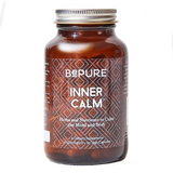 Image of a brown bottle that says be pure inner calm herbs and nutrients to calm the mind and body a dietary supplement 30 day supply - 90 vege capsules