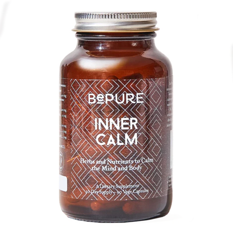 Image of a brown bottle that says be pure inner calm herbs and nutrients to calm the mind and body a dietary supplement 30 day supply - 90 vege capsules