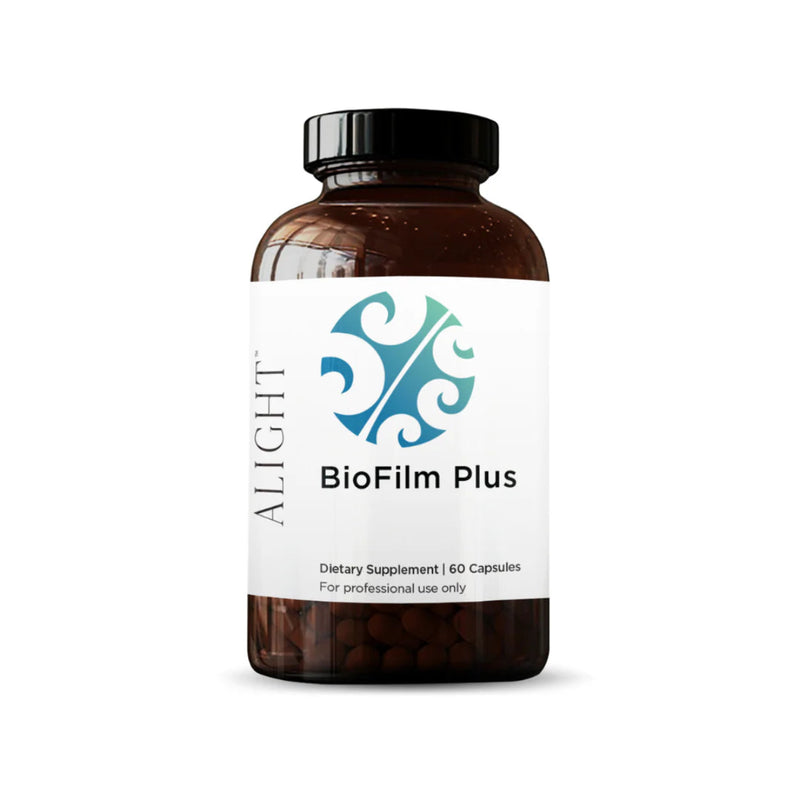 Image of a white supplement bottle which says lright biofilm plus dietary supplement 60 capsules for professional use only