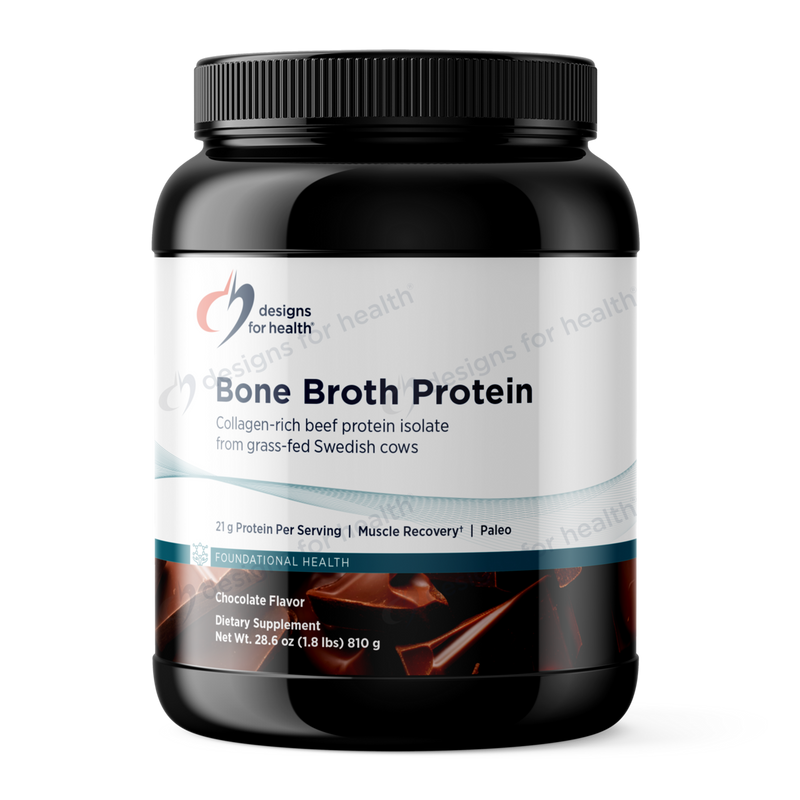 A Supplement  container with the name Bone Broth Protein (Chocolate) by Designs for Health USA.