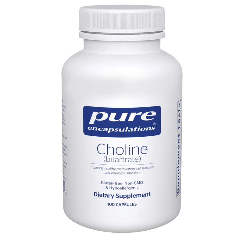 A Supplement container with the name Choline (bitartrate) by Pure Encapsulations.