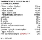 Text describing the ingredients: Calcium ascorbate dihydrate equiv. Ascorbate Acid, Sodium ascorbate equiv. Ascorbic acid, Glutathione, Rutoside, Hesperidin, Alpha Lipoic acid, Selnium, Nicotinamide, Pyridoxal 5-phosphate monohydrate equiv. Pyridoxine, Palm tocotrienols complex.