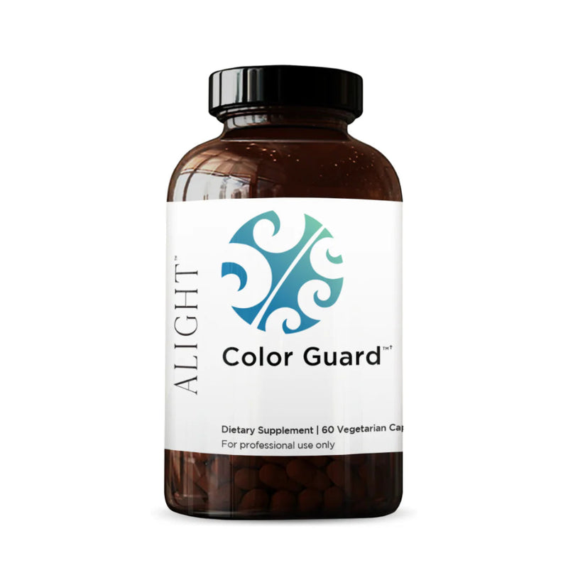 A white supplement bottle that says alright color gaurd dietary supplement 60 vegetarian capsules for professional use only