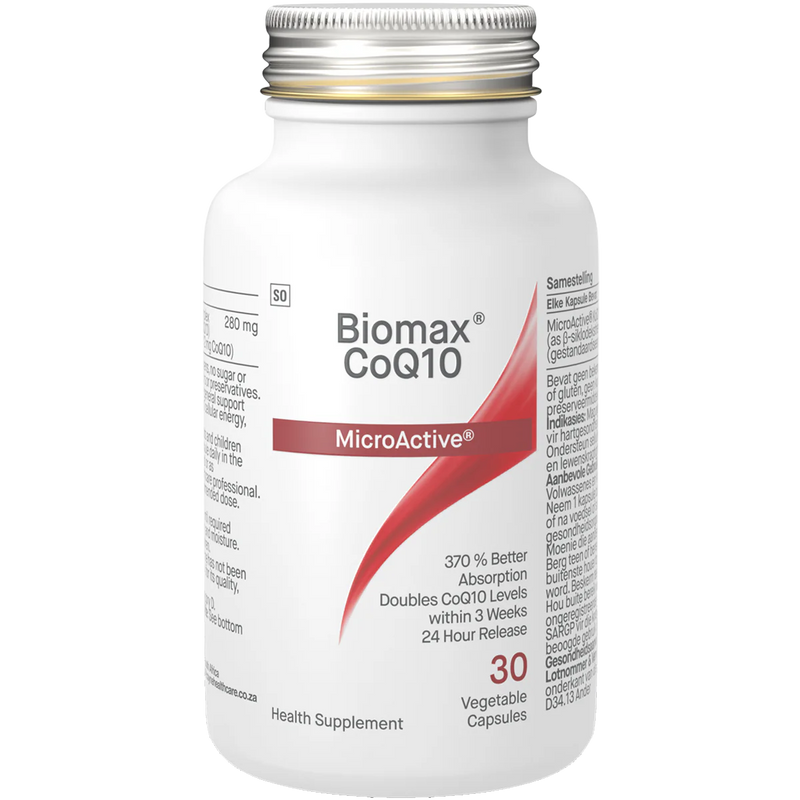 Image of white bottle that says biomax CoQ10 Microactive 370% better absorption doubles Coq0 levels within 3 weeks 24 hour release health supplement 30 vegetable capsules