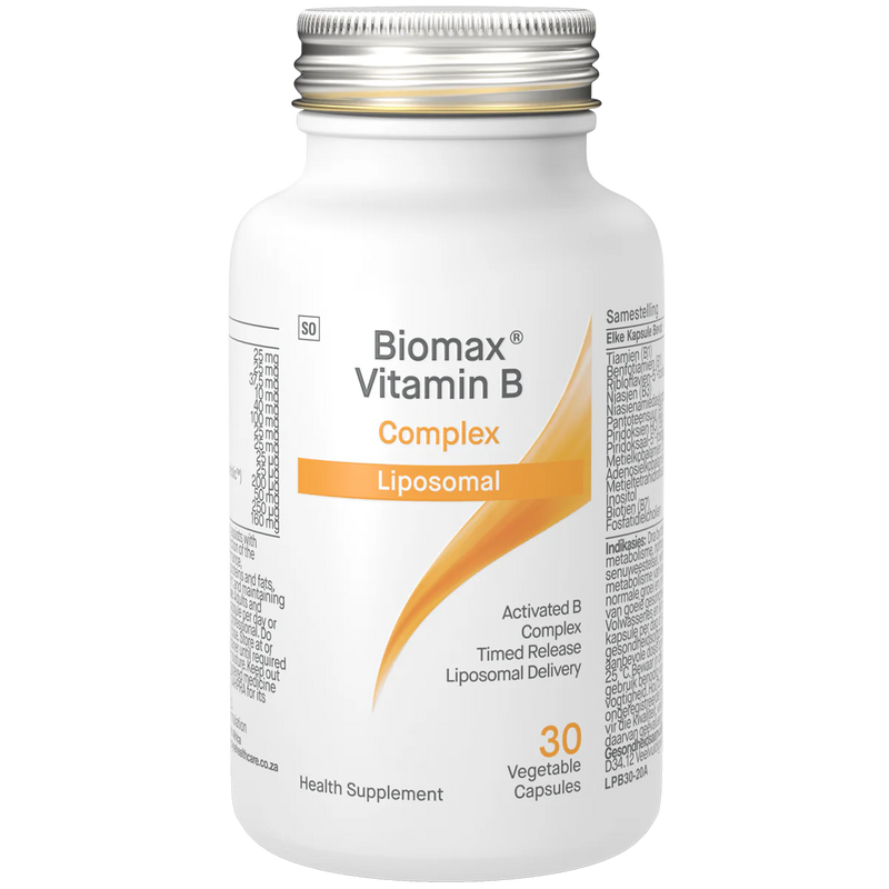 A image of a white bottle that says biomax vitamin B complex Liposomal Activated B complex Timed Release Liposomal Delivery Health Supplemnt 30 Vegetable Capsules