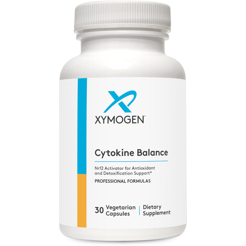A supplement container with the name Cytokine Balance (formerly Nrf2 Activator). Xymogen.