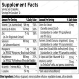 Text describing the ingredients: Vitamin C, Biotin, Zinc, Selenium, Manganese, Molybdenum, Green Tea Extract, Turmeric Extract, Grape Seed Extract, R-Lipoic Acid, Vitamin E Isomers.
Cellulose (capsule), microcrystalline cellulose, vegetable stearate, ilicon dioxide.
