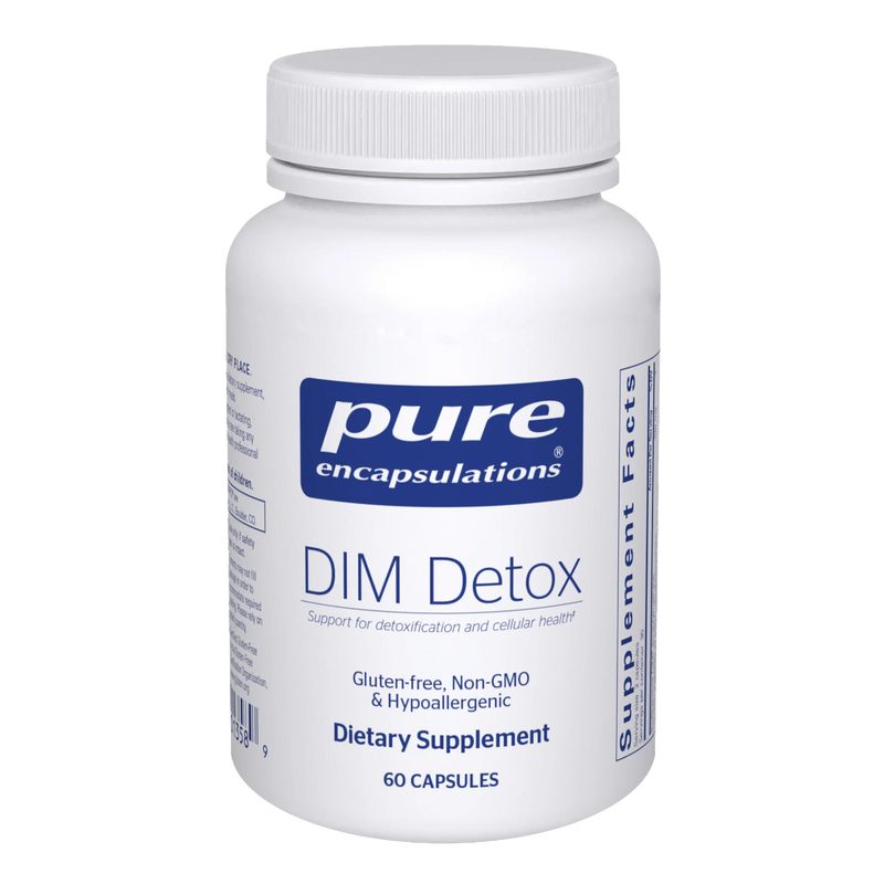 A Supplement container with the name Dim Detox by Pure Encapsulations.