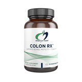 Image of a white supplement bottle that says designs for health colon rx supports bowel motility + tonicity dietary supplement 60 vegetarian capsules