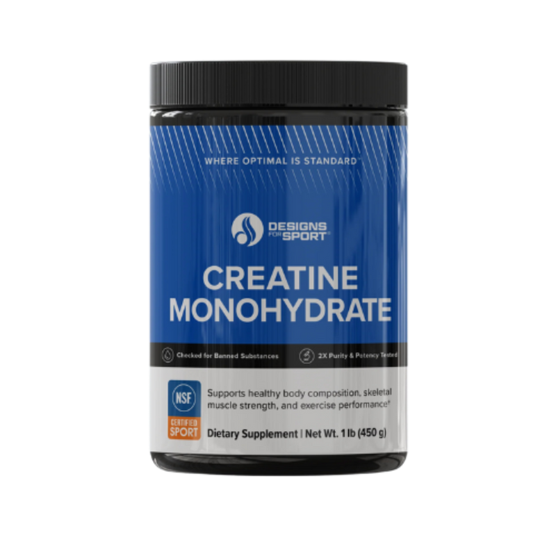 A Supplement container with the name Creatine Monohydrate by Designs for Sport.