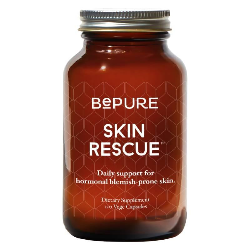 Image of a brown bottle that says Bepure skin rescue raily support for hormonal blemish-prone skin. Dietary Supplement 120 Vege Capsules
