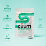 Zuum spearmint benefits. Includes caffeine, vitamin b5, vitamin b6, and xylitol.