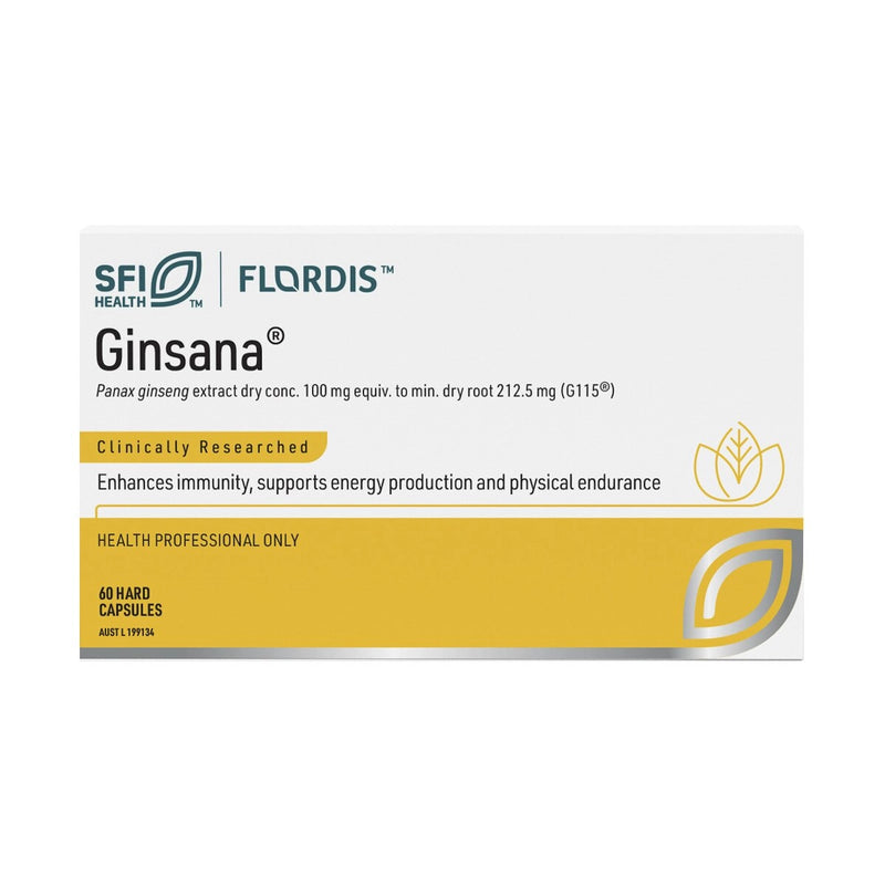 Image of FI Health Flordis Ginsana panax ginseng extract dry conc. 100mg equiv to min dry root 212.5mg (G115) Clinically researched enhances immunity, supports energy production and physical endurance health professional only. 60 Hard capsules