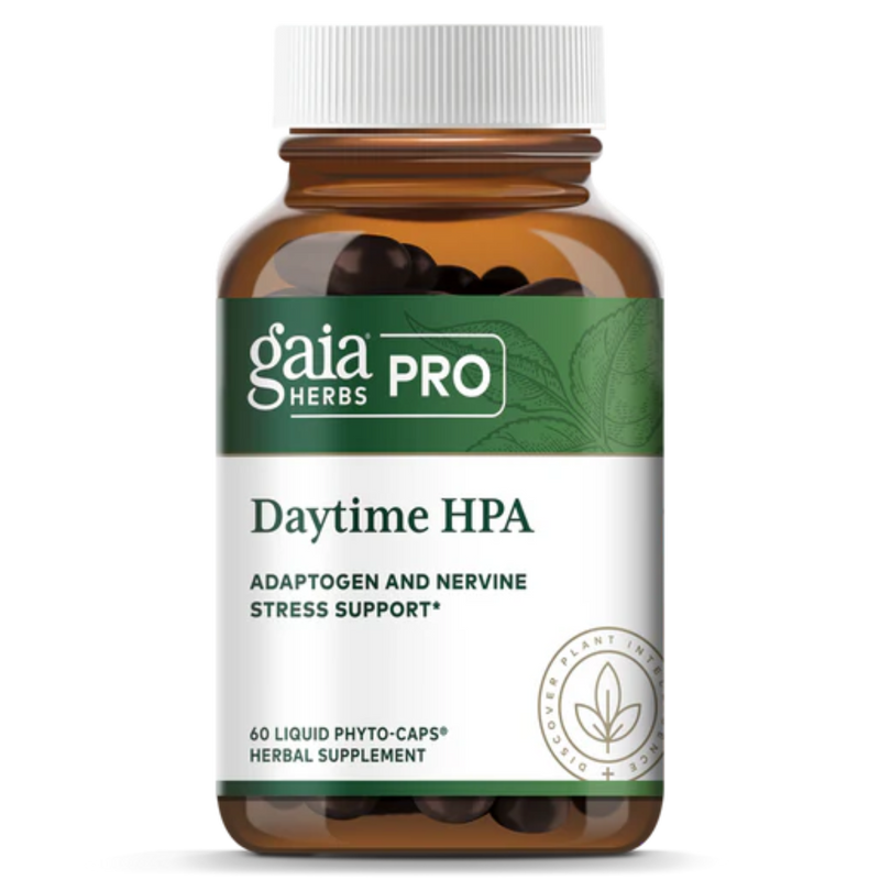 A Supplement container with the name  Daytime HPA by Gaia Herb Pro.