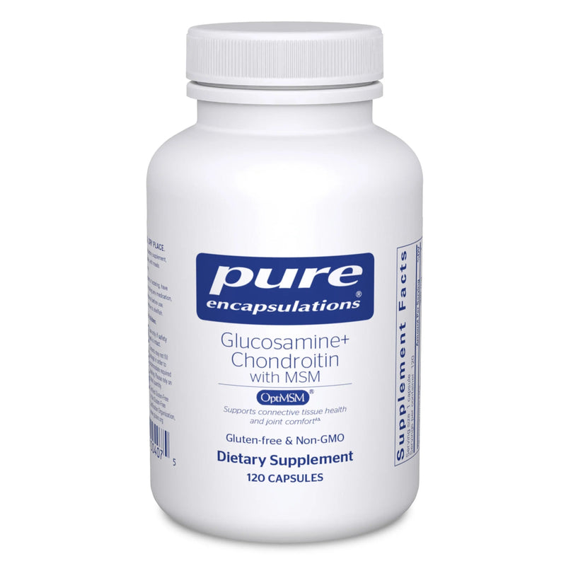 A Supplement container with the name Glucosamine + Chondroitin with MSM by Pure Encapsulations.