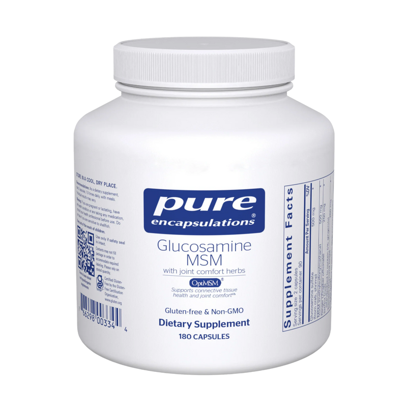 A Supplement container with the name Glucosamine MSM with joint comfort herbs by Pure Encapsulations.