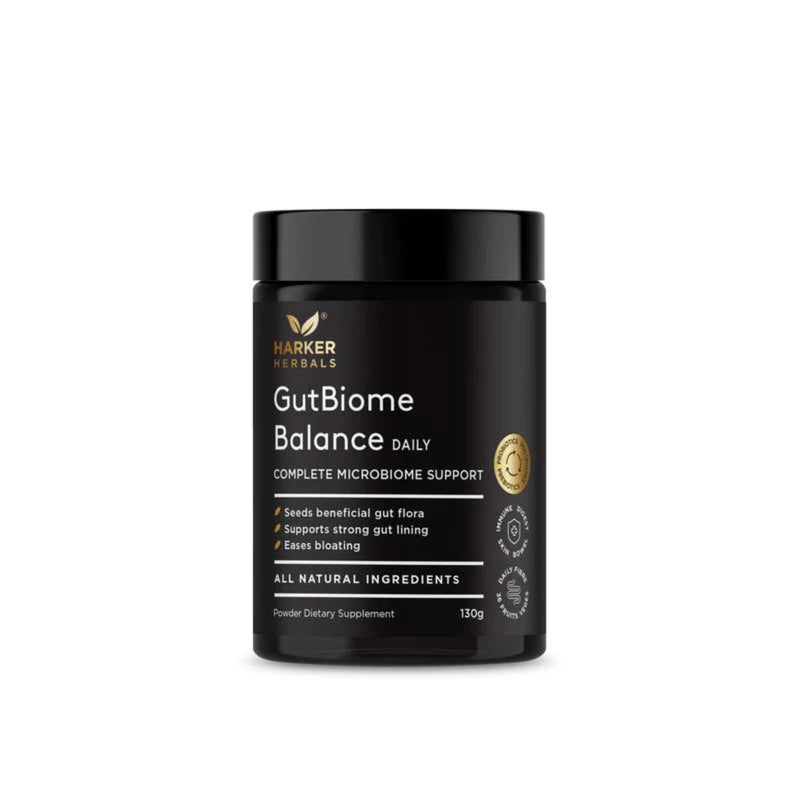 Image of a black supplement bottle which says harker herbals gutbiome balance daily compete microbiome support seeds benefical gut flora supports strong gut lining eases bloating all natural ingredients