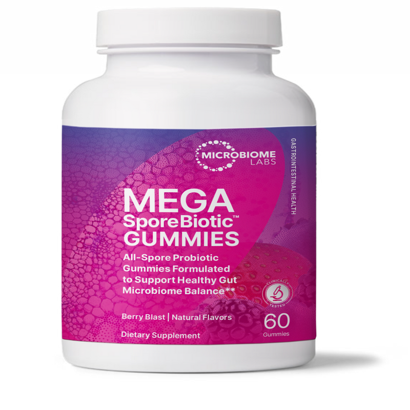 A Supplement container with the name MegaSporeBiotic Gummies by Microbiome Labs.