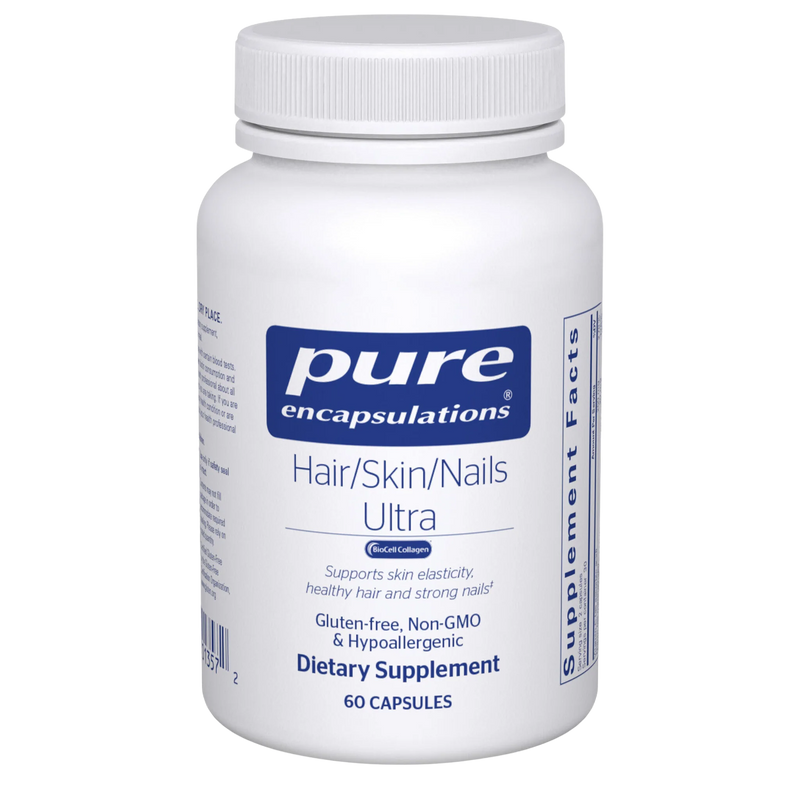 A Supplement container with the name Hair/Skin/Nails by Pure Encapsulations.