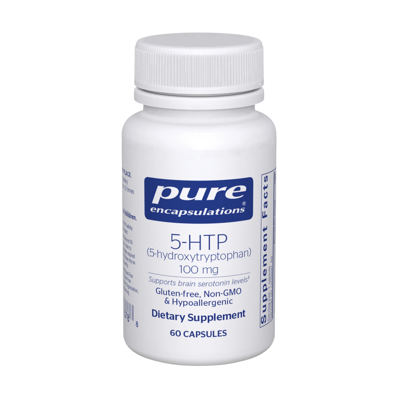 A Supplement container with the name 5-HTP ( 5-hydroxytrptophan) 100mg by Pure Encapsulations.
