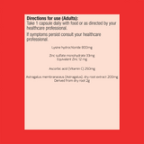 Ingredients including Lysine hydrochloride 800mg, Zinc Sulfate monohydrate, Ascorbic acid, Vitamin C, Astragalus membranaceus.