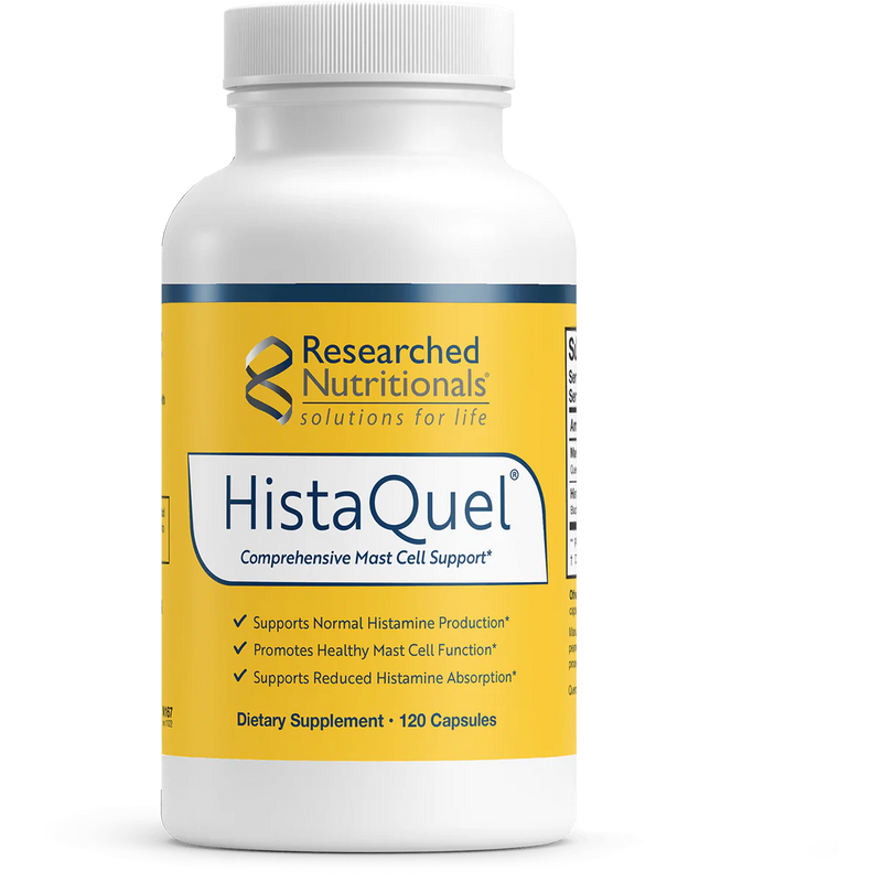 A Supplement container with the name HistaQuel by Researched Nutritional.