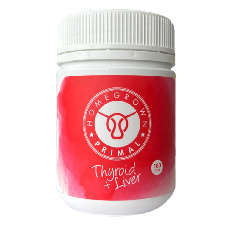 Image of Thyroid+ liver Supplement by Homegrown Primal, 180 Capsules, 30mg of bovine thyroid, 470 mg of bovine liver.