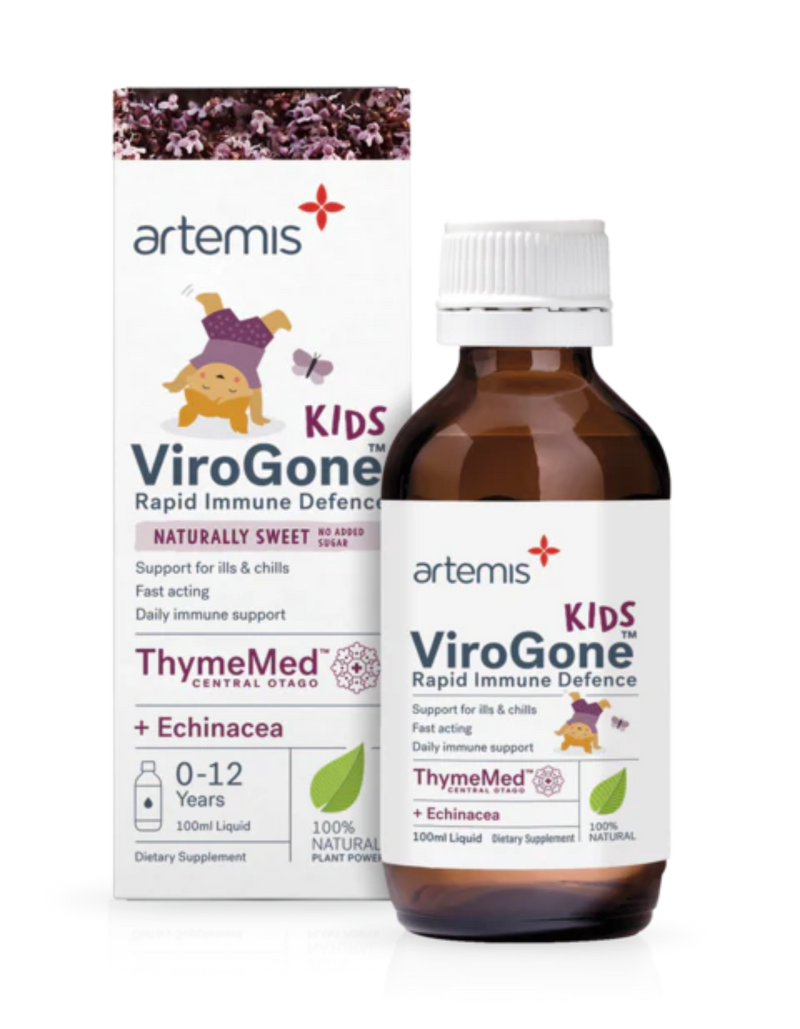 A Supplement container with the name Kids ViroGone Rapid Immune Defence (100mls) by Artemis.