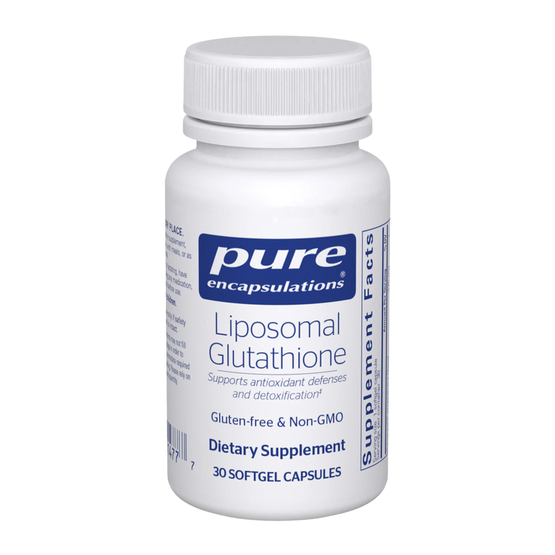 A Supplement container with the name Liposomal Glutathione by Pure Encapsulations.