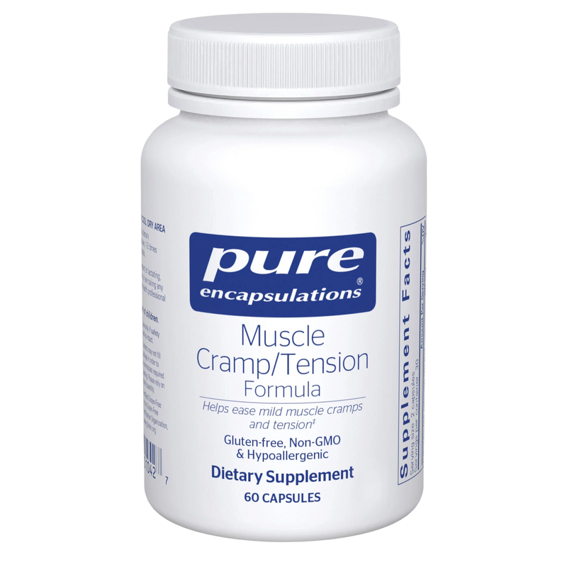A Supplement container with the name Muscle Cramp/Tension Formula by Pure Encapsulation.