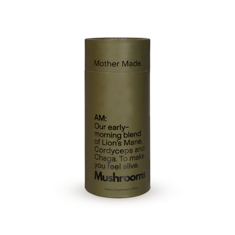 A Supplement container withy the name AM Blend - Mushroom Drink by Mother Made.
